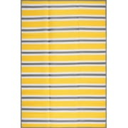 Luna Contemporary Stripe Yellow and Gray Polypropylene Reversible Plastic Straw Outdoor Area Rug, 4' x 5'11'' Rectangle