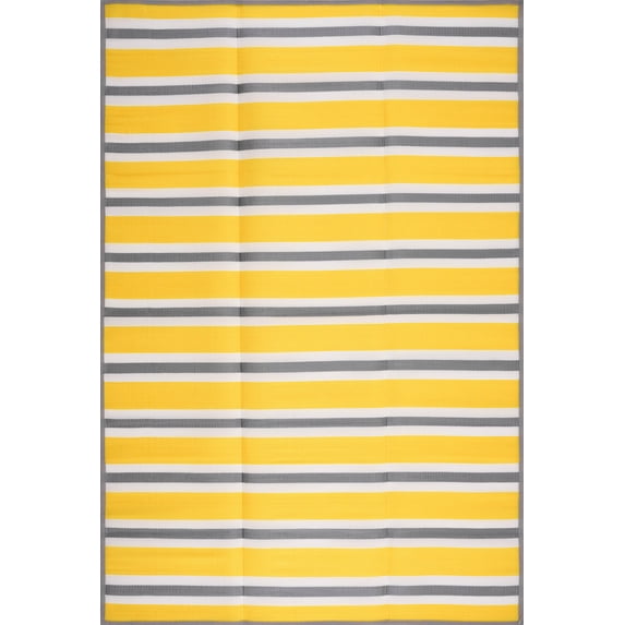 Luna Contemporary Stripe Yellow and Gray Polypropylene Reversible Plastic Straw Outdoor Area Rug, 4' x 5'11'' Rectangle