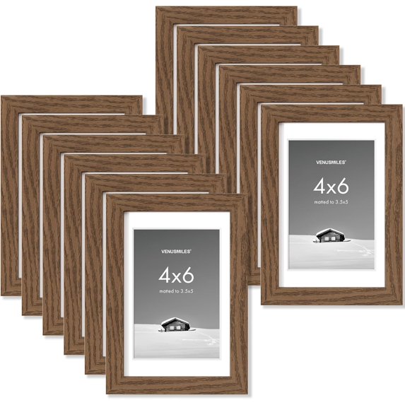 4x6 inch Picture Frame, 4x6 Photo Frames with 3.5x5 Removable Mat - High Definition Plexiglass - Vertical and Horizontal Display - Wall Hanging Frame - Walnut Color, 12 Pack