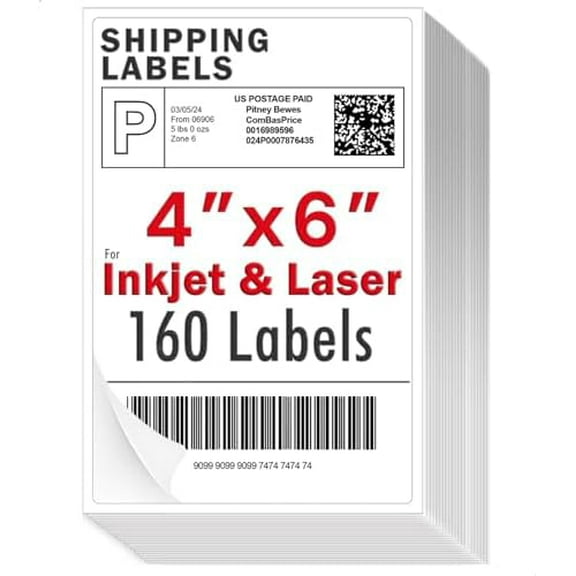 4x6 inch Shipping Labels, Laser and Inkjet Printer Compatible, Multi-Purpose Strong Adhesive Stickers, Matte White 160 Labels$$Office