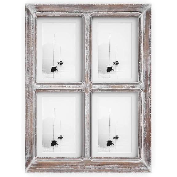 4x6 or 5x7 Collage Picture Frames, 4 Photo Openings w/Mat for Multiple Pictures, Distressed Rustic Wood Farmhouse Frame for Wall, 16x12