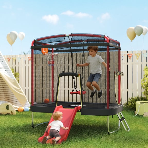 4x6FT Trampoline with Slide, Swing, Basketball Hoop and Safety Enclosure, Indoor Outdoor Play Center, Red