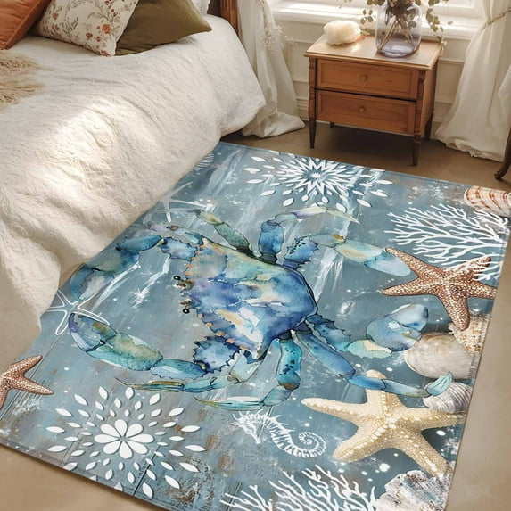 4x6Ft Area Rugs Blue Crab Coastal Non-Skid Rubber Backing Large Rectangle Rugs - Living Room Bedroom Home Office, Summer Beach Nautical Starfish Coral Indoor Floor Mat Carpets Washable Rug