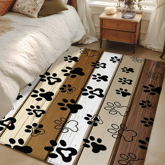 4x6Ft Area Rugs Brown Beige Farmhouse Non-Skid Rubber Backing Large Rectangle Rugs - Living Room Bedroom Home Office, Black Dog Paw Vintage Wooden Indoor Floor Mat Carpets Washable Rug