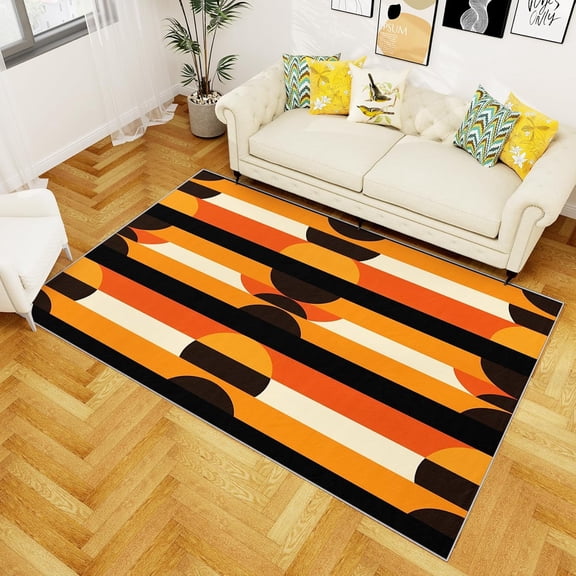 4x6ft 70s Rugs For Living Room - Geometric Abstract Area Rug - Retro Orange Rugs - Soft Washable Non Slip Low Pile Carpet