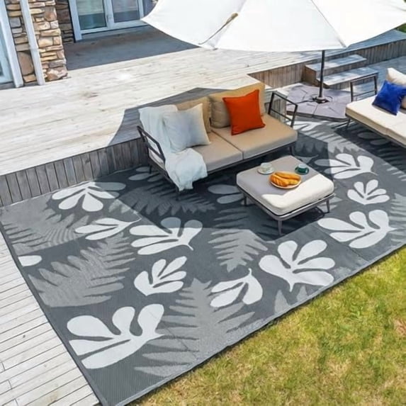 4x6ft Outdoor Rug, Reversible Plastic Patio Rug Waterproof, Indoor Outdoor Carpet Clearance, Portable Small Area Carpet for Patio Deck Balcony Pool RV Camping Beach Picnic, Grey Small Leaves