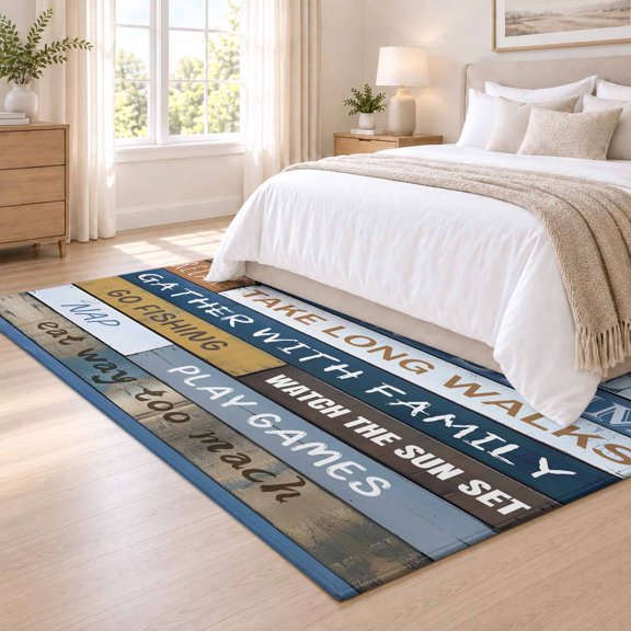 4x6ft Rectangle Area Rug Lake Rules Farm Blue Wood Board Soft Non-Slip Bedside Rug Washable Cushioned Carpet Quote Wooden Grain Low Pile Floor Mat for Living Room Dining Room