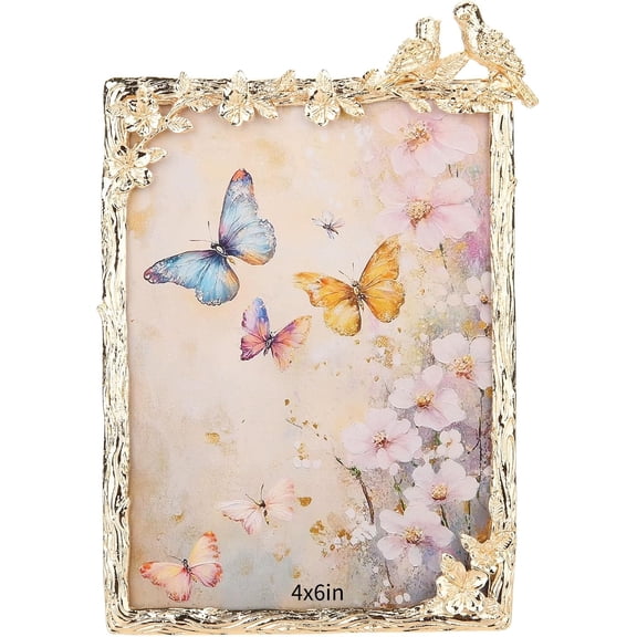 4x6in Gold Picture Frame Vintage Decor Metal Birds Floral Photo Frames with High Definition Glass Front Art Decor Tabletop Display Wedding Anniversary Romantic Gifts for Couples Wife,Perfect Gift Cho