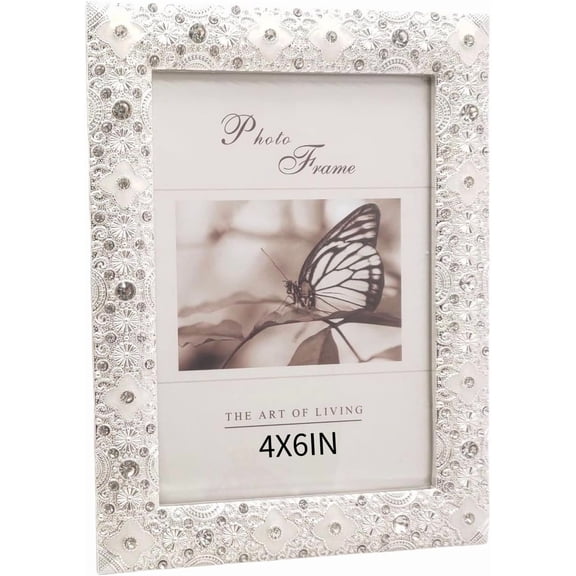 4x6in Silver White Picture Frame, Glittery Flower Metal Wedding Photo Frame, Wedding Table Display Vertical or Horizontal,Perfect Gift Choice