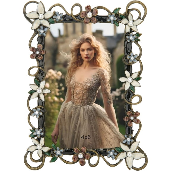 4x6in Vintage Flower Picture Frame Antique Metal Photo Frame Retro Home Decor, Clear Glass Front, Unique Gifts for Women Wedding Mothers Day, Horizontally & Vertically