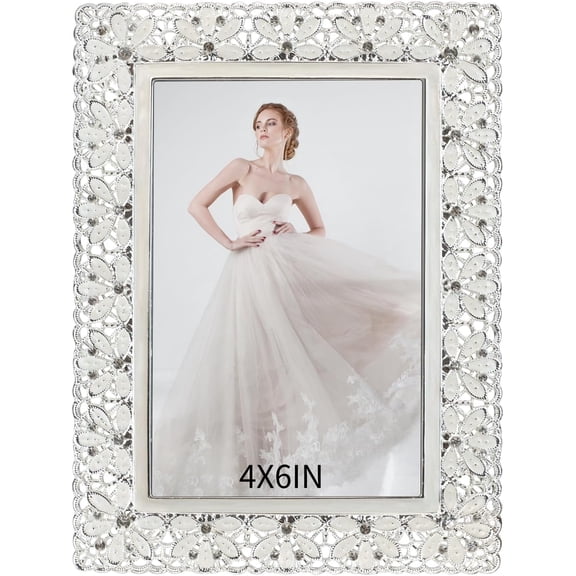 4x6in Vintage Metal Picture Frame White Pearl Photo Frame Wedding Decoration, Clear Glass Front, Unique Tabletop or Wall Display, Horizontally & Vertically,Perfect Gift Choice