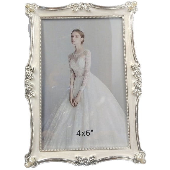 4x6in Vintage Metal Picture Frame White Pearl Photo Frame Wedding Decoration, Clear Glass Front, Unique Tabletop or Wall Display, Horizontally & Vertically,Perfect Gift Choice,white,Photo Display