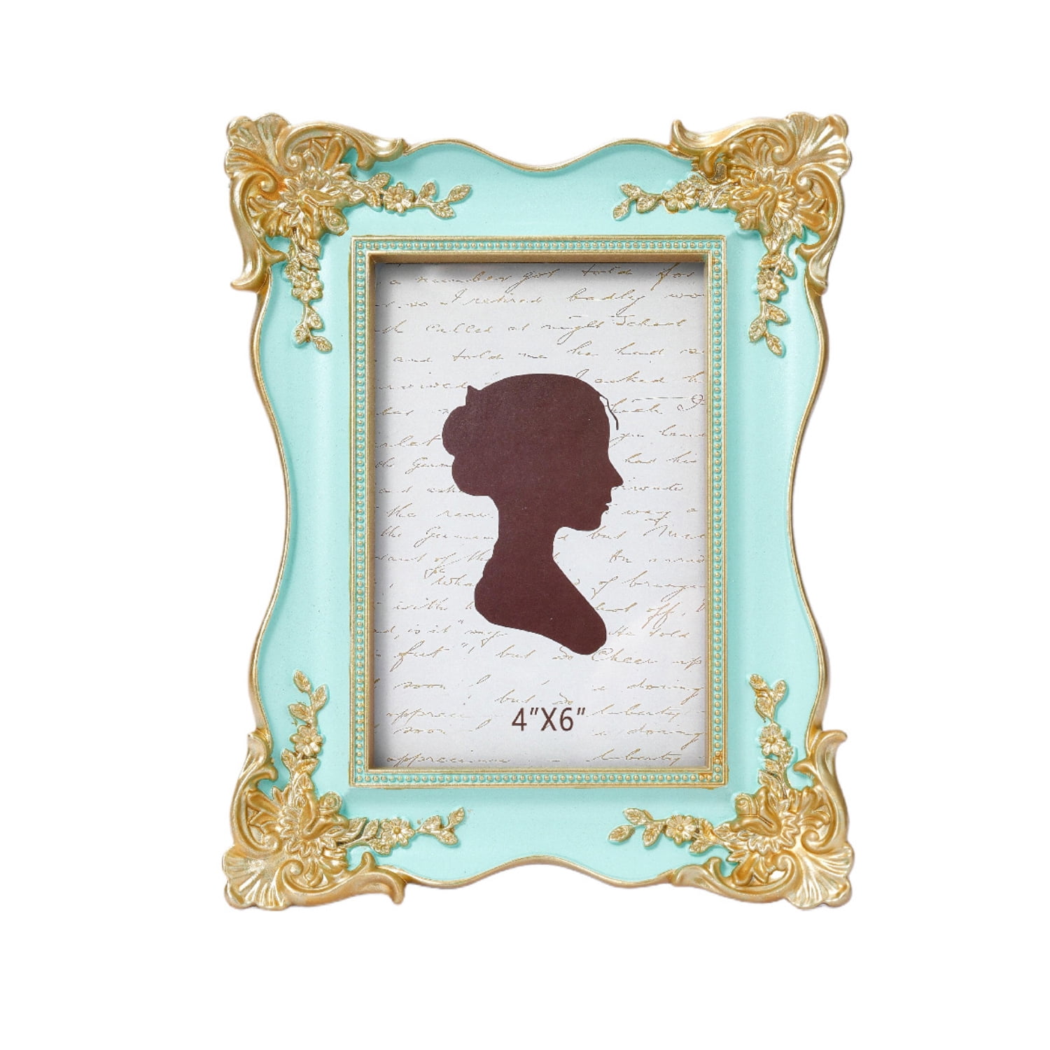 4x6in Vintage Ornate Picture Frame, French Rococo Style Resin Tabletop Photo Frame with Stand, Gold Relief Floral Design, Desktop Decor,Blue