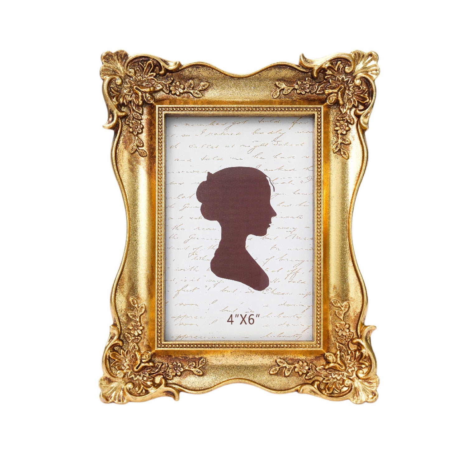 4x6in Vintage Ornate Picture Frame, French Rococo Style Resin Tabletop Photo Frame with Stand, Gold Relief Floral Design, Desktop Decor,Gold