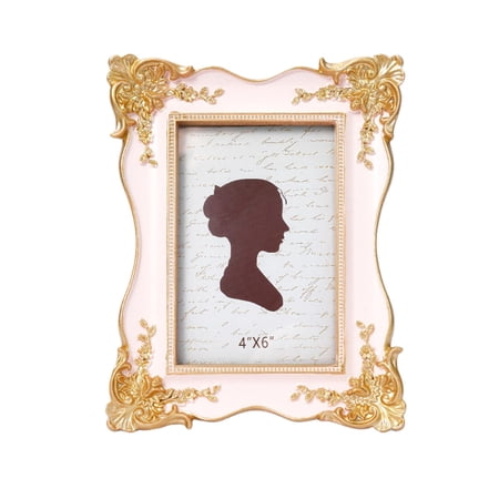 4x6in Vintage Ornate Picture Frame, French Rococo Style Resin Tabletop Photo Frame with Stand, Gold Relief Floral Design, Desktop Decor,Pink