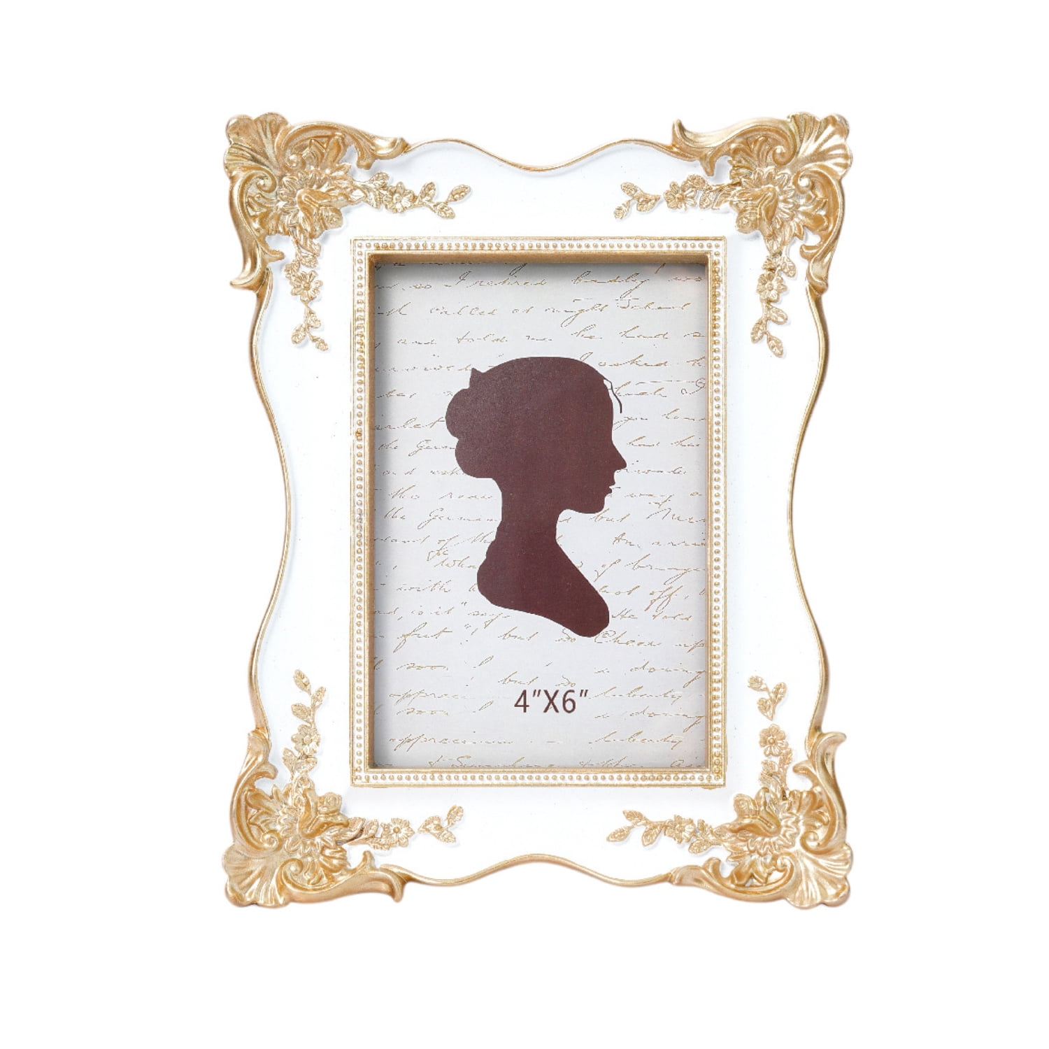 4x6in Vintage Ornate Picture Frame, French Rococo Style Resin Tabletop Photo Frame with Stand, Gold Relief Floral Design, Desktop Decor,White