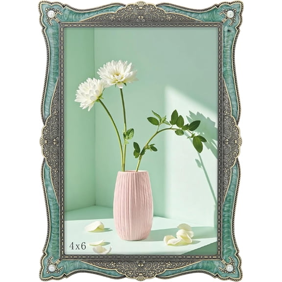 4x6in Vintage Picture Frame with Brass-Green Metal Diamond Decoration,Clear Glass Front Cover,Ornate Antique Art,Unique Gifts for Couple Women Wedding Mothers Day,Horizontally & Vertically