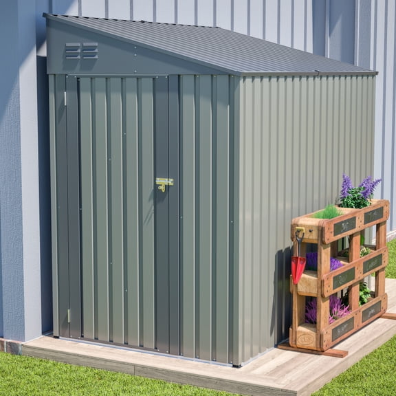 4x7 FT Lean-To Outdoor Storage Shed, Metal Garden Tool Shed with Lockable Single Door & Air Vents, Weatherproof Galvanized Steel Backyard Utility House for Bicycle & Trash Bin, Olive Gray