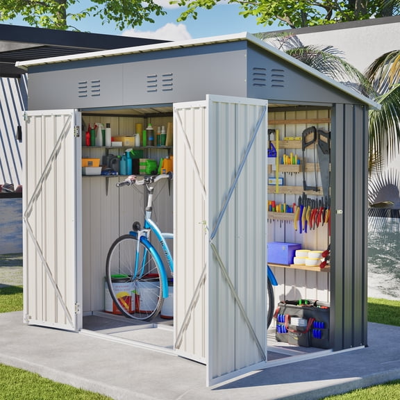 4x7 FT Outdoor Storage Shed, Lean-To Metal Garden Shed with Double Doors & Lock, Heavy-Duty Galvanized Steel Tool House for Bicycle & Lawn Mowers, All-Weather Side Yard Organizer, Olive Grey