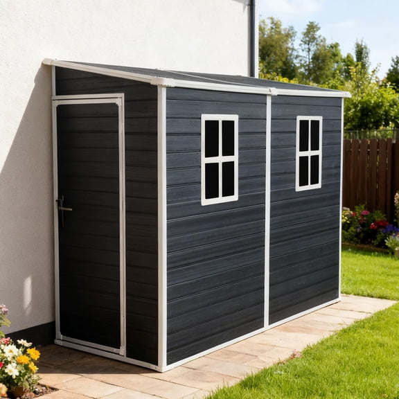 4x8 FT Lean to Shed with Floor, Resin Storage Shed & Outdoor Storage Clearance with 2 Windows, Backyard Storage Sheds for Garden, Patio, Backyard, (Black)