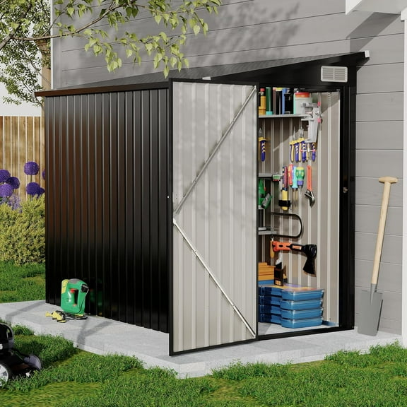 4x8 FT Lean to Shed,Metal Shed and Outdoor Storage with Secure Door Lock,Heavy-Duty Wall Side Tool Shed