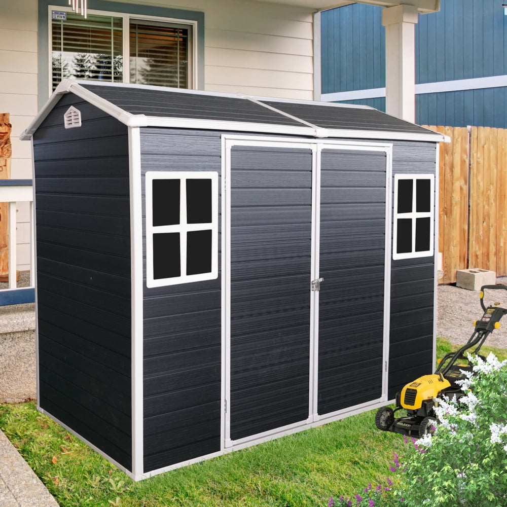 4x8 FT Outdoor Storage Shed, Resin Garden Tool Shed with 2 Windows and Floor, Plastic Tool Storage Shed for Patio Furniture, Backyard Garden Patio Lawn, Black