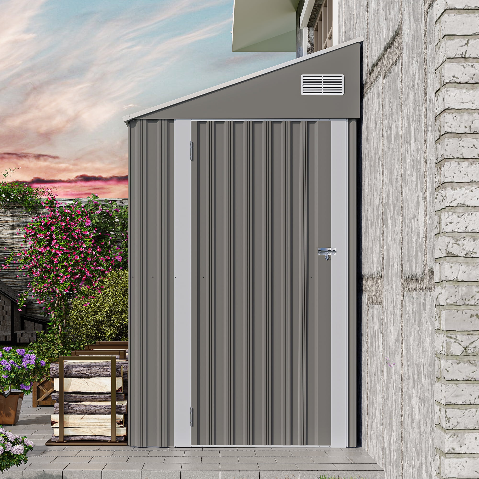 4x8 FT Outdoor Storage Shed Side, Metal Garden Shed with Lockable Hinged Door, Lean to Shed with 6 Air Vents, Outside Tool Shed with Sloped Roof, Waterproof Storage Building for Backyard, Patio