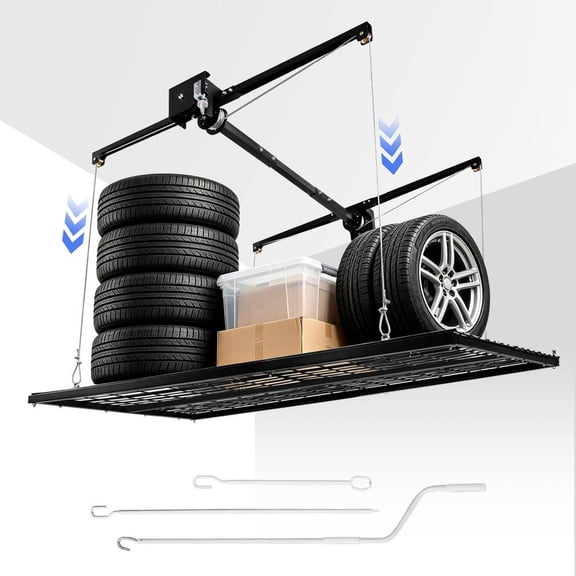 4x8 FT Overhead Garage Storage Rack, 440 lbs Capacity Adjustable Drop-Down Organizer with Safety Lock for Basement and Shed