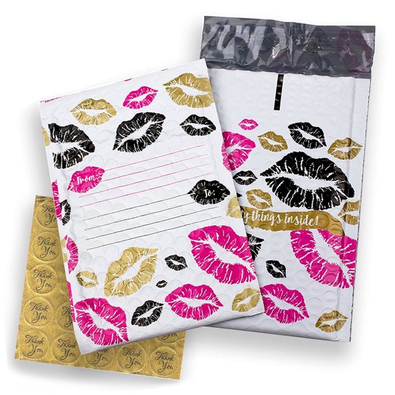 4x8 Inch Pack of 720 Water Resistant Kisses Padded Packing Shipping Poly Bubble Mailers Address Labels and Thank You Stickers
