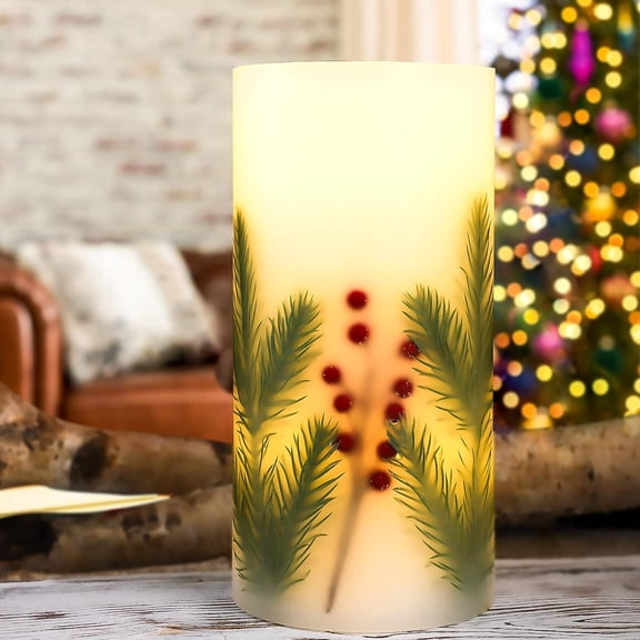 4x8 Inch LED Candle - Embedded Pine Needle with Red Berry Handmade Craft Decorative Flameless Flickering Large Candle Battery Operated with Timer for Home Party Table Tray Decor
