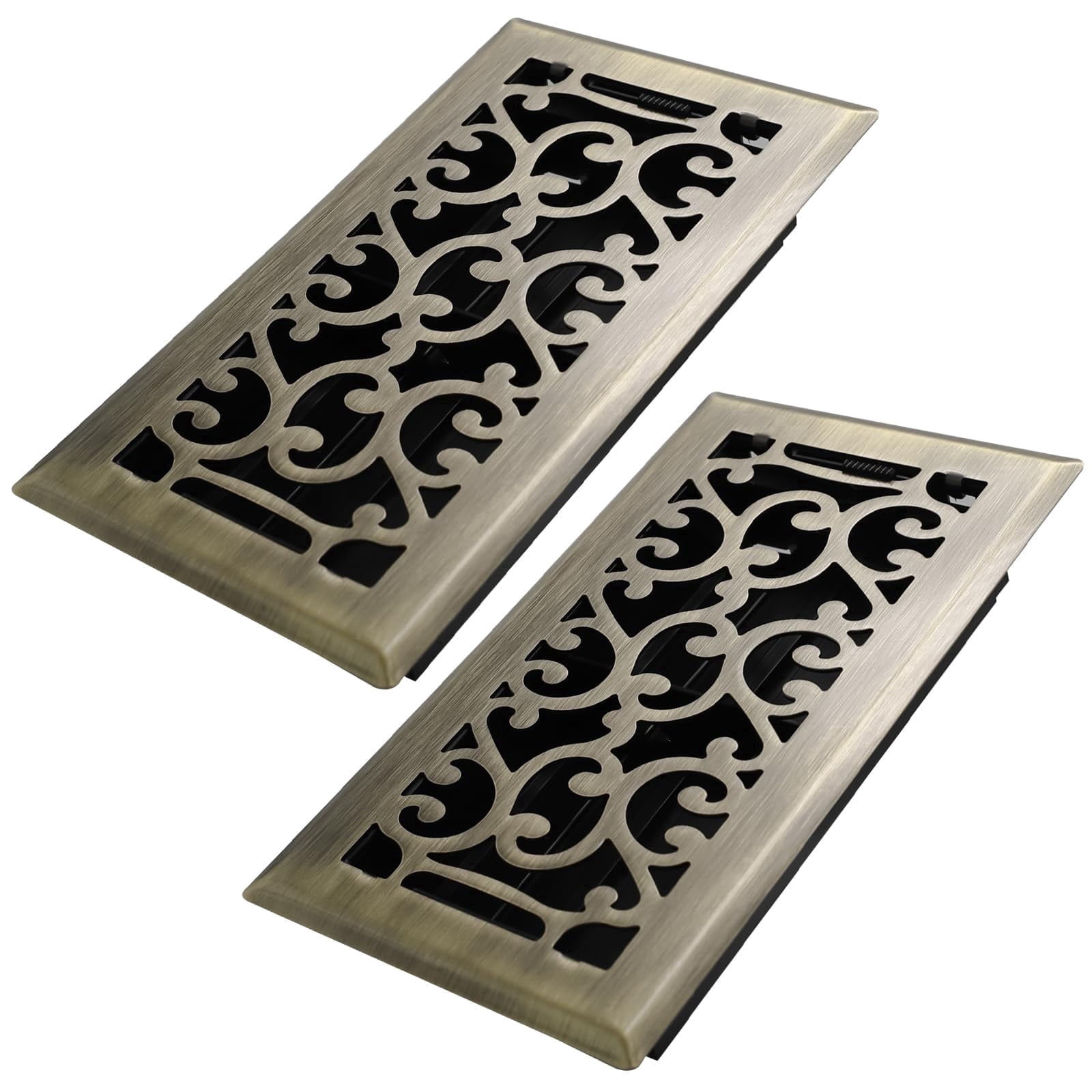 4x8 Inches 2 Pack Heavy Duty Walkable Floor Register - Easy Adjust Air Supply Lever Decorative Floor Vent Covers, Savannah Design Vent Covers for Home - Antique Brass