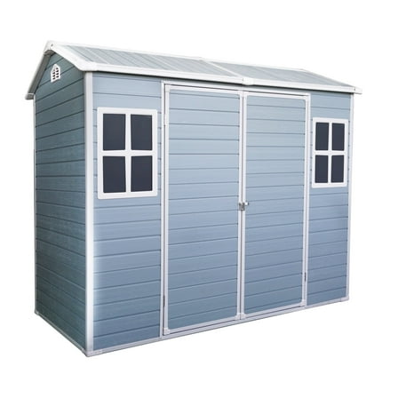 4x8FT Resin Outdoor Storage Shed with Floor, Double Doors & Two Windows, Ideal for Garden, Patio, Yard & Lawn - Grey