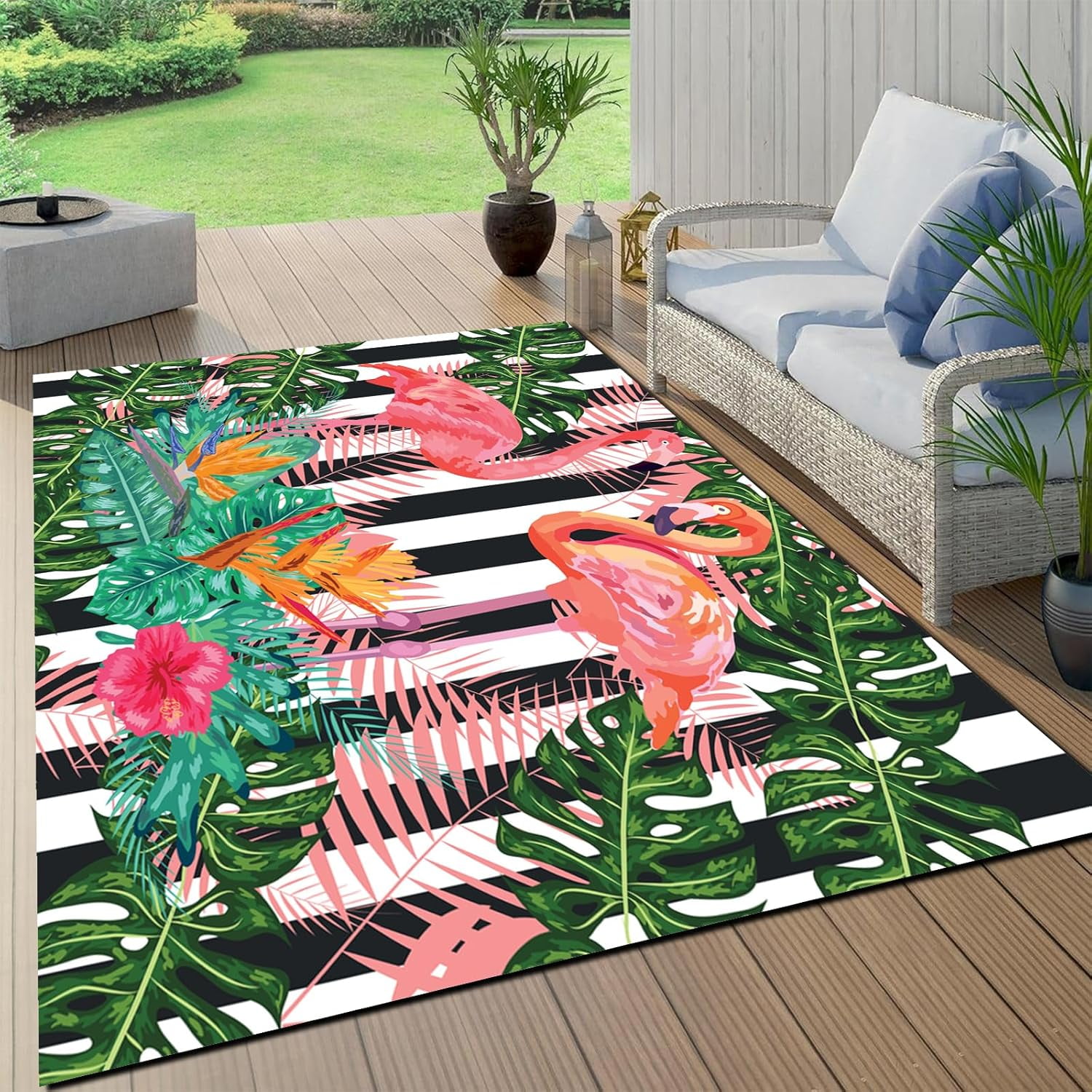 4x8ft Crystal Velvet Area Rug - Pink Green, Flamingos With Tropical ...