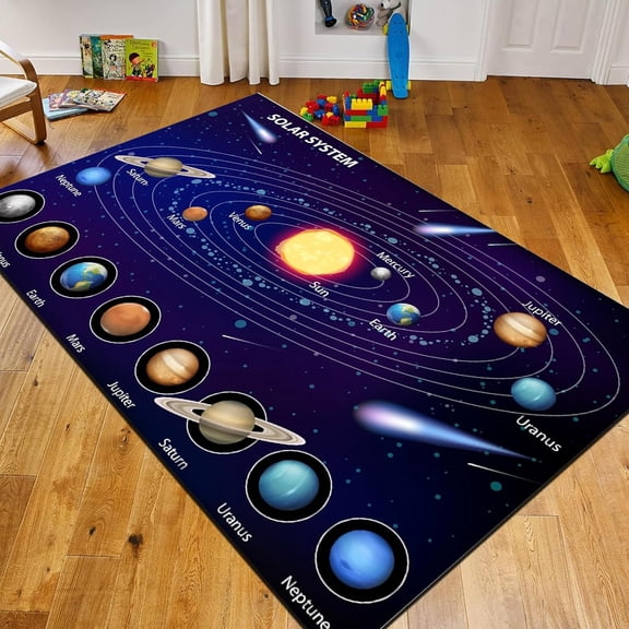 4x8ft Crystal Velvet Outer Space Rug For Playroom Solar System Floor Mat, Carpet For Bedroom Playroom