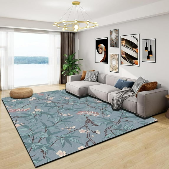 4x8ft Floral Area Rug, Flower Leaf Design, Non-Slip And Washable Mat Retro Theme Easy To Clean Rugs Living Room Bedroom Kitchen Decor Blue-Purple