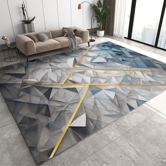 4x8ft Kids Rug,Modern Grey And Blue Print Dining Room Rug,Abstract Geometry Gold Lines Easy To Clean Soft Washable For Bedroom Office Game Room Teen Room Hotel