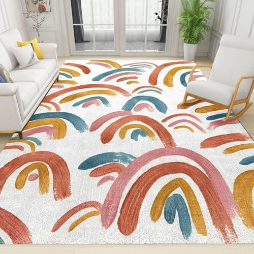 4x8ft Minimalist Boho Rainbow Rugs For Bedroom, Area Rug, Cartoon Colorful Stripes Floor Mats, Fluffy Carpet Low Pile Comfortable Durable For Living Room Girl Room Sun Room Yoga Studio
