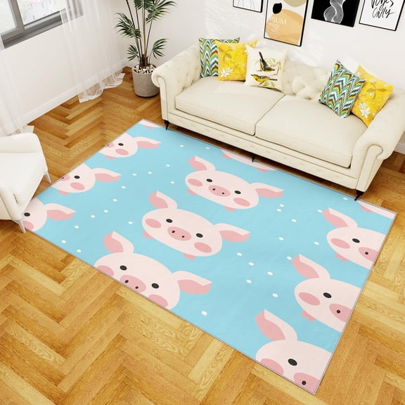 4x8ft Pig Rug For Kids Room - Cute Cartoon Piggy Area Rug - Kids Nursery Rugs - Soft Washable Non Slip Low Pile Pink And Blue Carpet