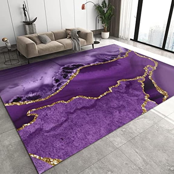 4x8ft Purple Gold Marble Texture Area Rugs, Modern Abstract Living Room Rug, Easy To Clean Carpet Washable Non-Slip Soft For Bedroom Kids Room Boys Girls Room Hotel Yoga Studio