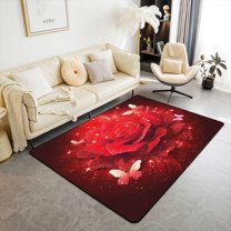 4x8ft Red Roses Area Rug, Butterflies Glitter Florals 3D Rectangular Carpet, Romantic Valentine's Day Flowers Blossom Indoor Floor Mat, Lover Red Petals Decorative Rug