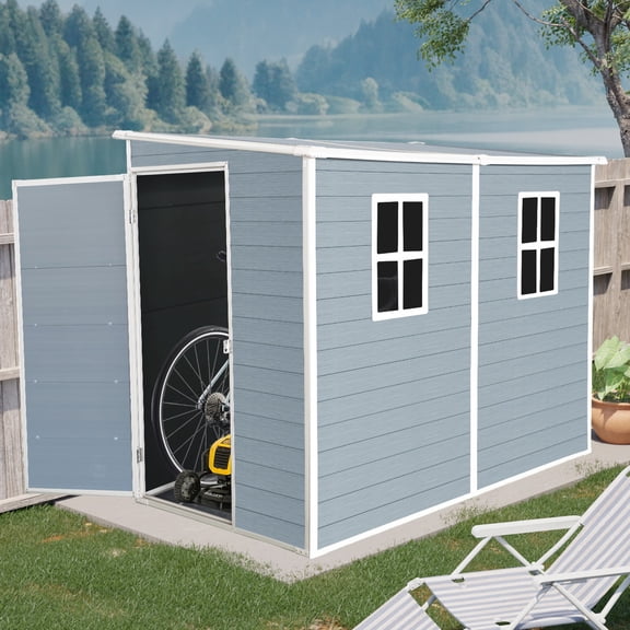 4x8ft Resin Lean to Shed,Outdoor Storage Shed w/ Floor & 2 Windows,Lockable Door
