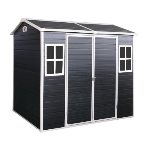 Resin Outdoor Storage Shed with Two-Window & Double-Door, Plastic Shed for Garden, Patio, Yard, Lawn, Black