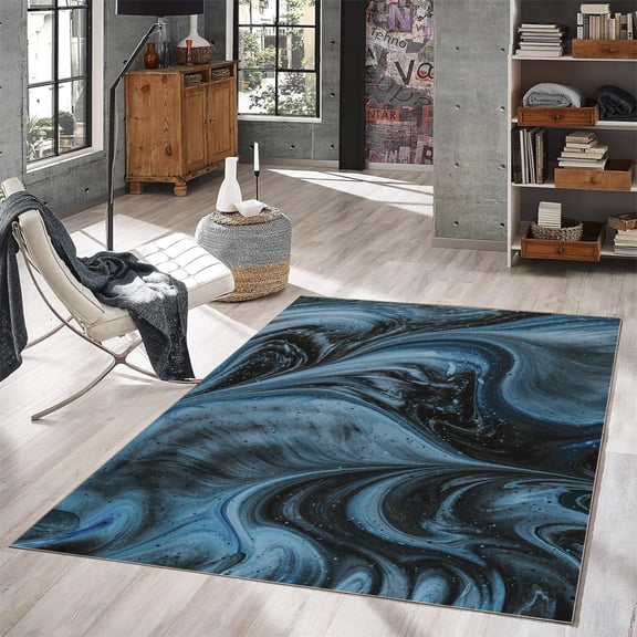 4x8ft Washable Modern Area Rug - Style Rugs For Living Room, Bedroom, Home Decor, Soft Non Slip Non Shedding Mat, Blue-Black, Silk Velvet Material 4