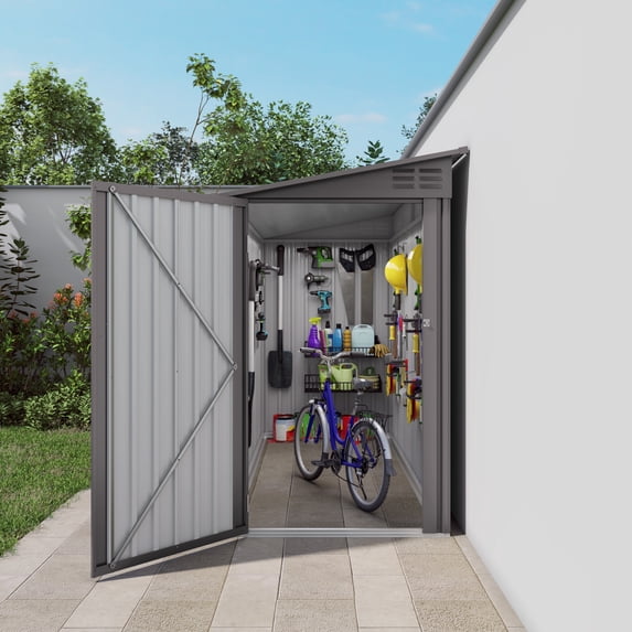 4x9 FT Lean-to Metal Storage Shed with Windows & Ventilation, Single Door Outdoor Garden Tool Shed, Waterproof Sloping Roof for Backyard, Patio Gray