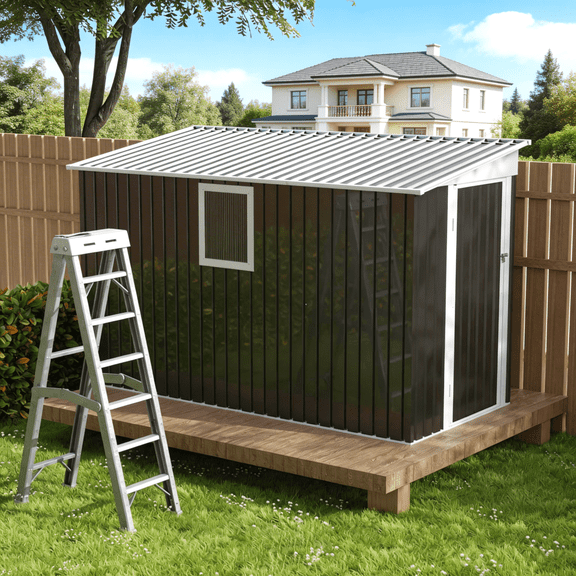 4x9 FT Metal Garden Shed with Window & Hinge Door, Heavy Duty Galvanized Steel Outdoor Tool Storage for Backyard & Patio