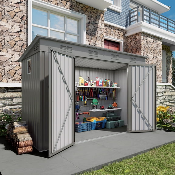 4x9 FT Outdoor Storage Shed, Metal Garden Shed with Sloping Roof, 6 Vents & 2 Swing Doors, Galvanized Steel Tool House for Backyard, Patio, Lawn - Gray