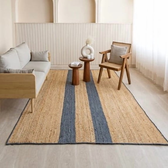 4x9 Ft Navy Blue & Natural Jute Area Rug, Hand-Woven, Reversible, Farmhouse Boho Style, Durable & Pet-Friendly Rug for Living Room, Dining Room, and Bedroom