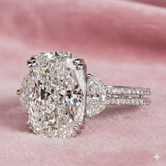 5.0 Ct Elongated Cushion Cut Moissanite Double Pave Band And Side Half Moon Accent Stone Unique Engagement Ring In 925 Sterling Silver