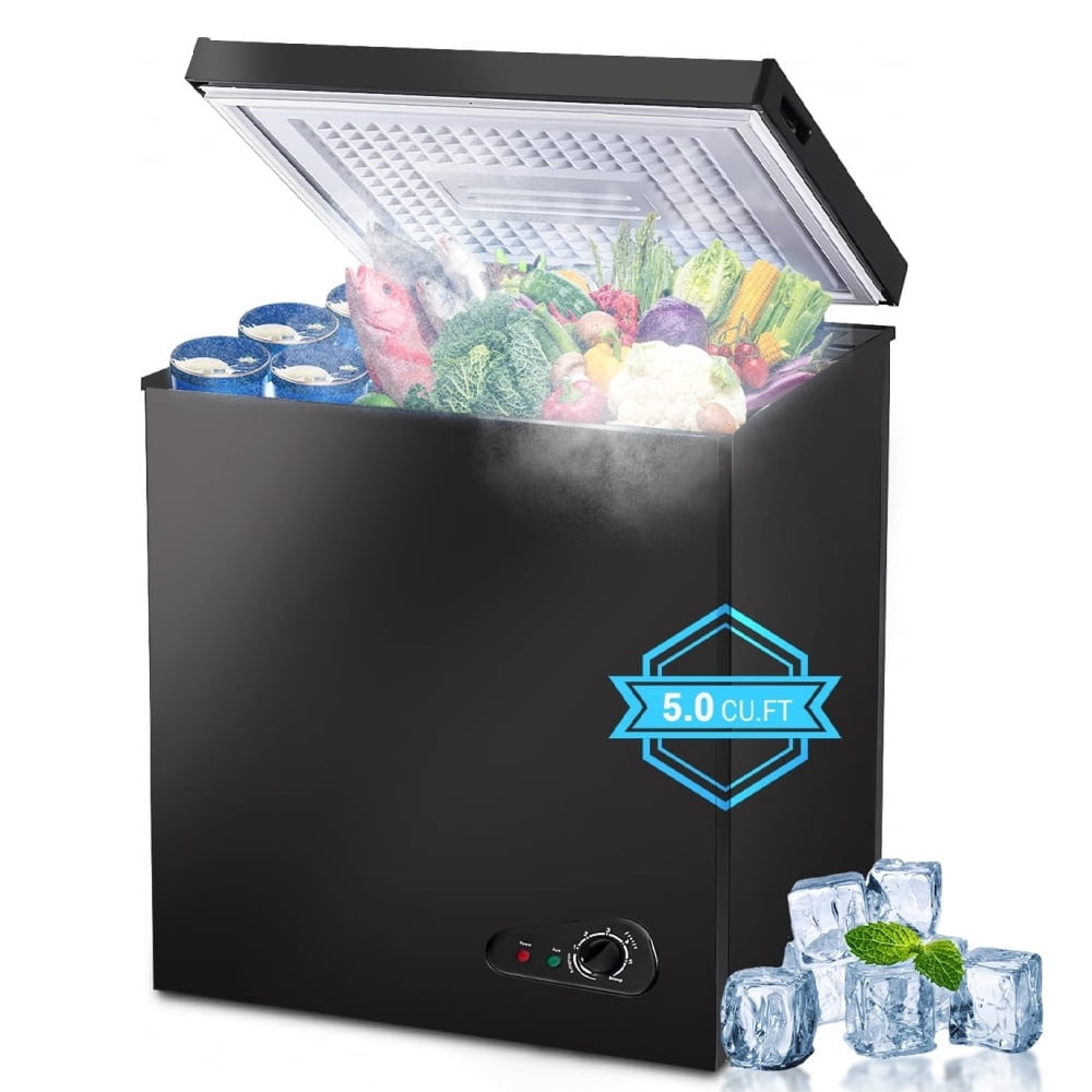 5.0 Cu.Ft Mini Chest Freezer, 2 Removable Baskets, 6 Level Adjustable Thermostat Front Defrost Drain, Quiet R600a Compressor for Dorm Home, Black
