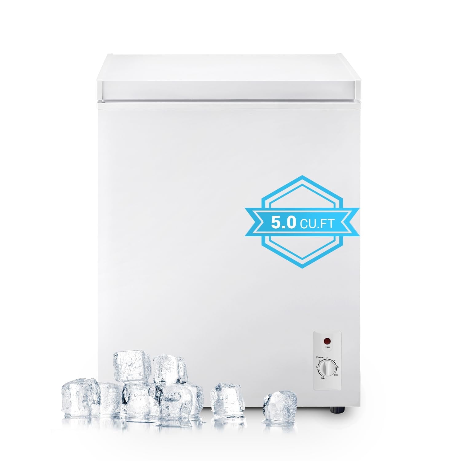 5.0 Cu.Ft Mini Chest Freezer, 2 Removable Baskets, 6 Level Adjustable Thermostat Front Defrost Drain, Quiet R600a Compressor for Dorm Home, White